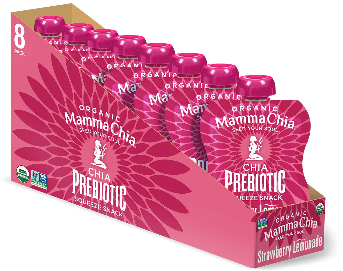Mamma Chia pouch frontal mostrando diseño y sabor fresa limón, práctico y orgánico