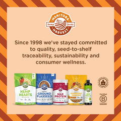 Manitoba Harvest botella junto a utensilios para comparar tamaño y porciones