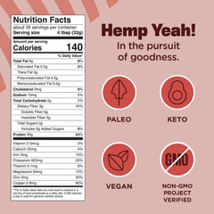 Manitoba Harvest envase sostenido en mano para referencia de tamaño