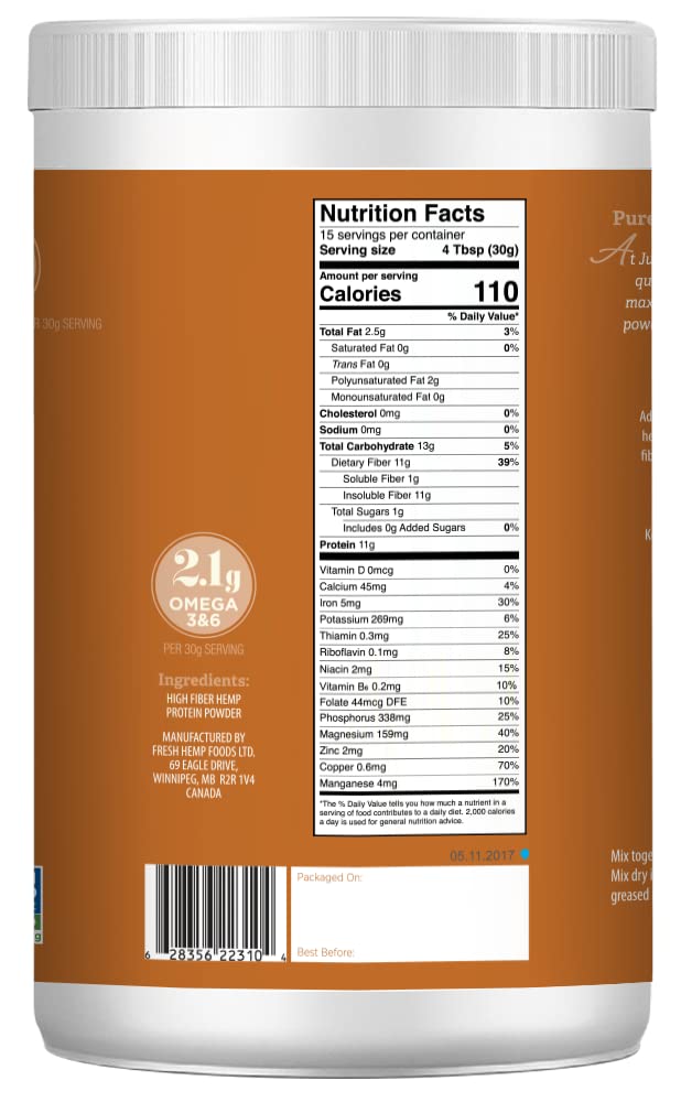 Close-up del polvo de Just Hemp Foods que muestra textura fina y natural