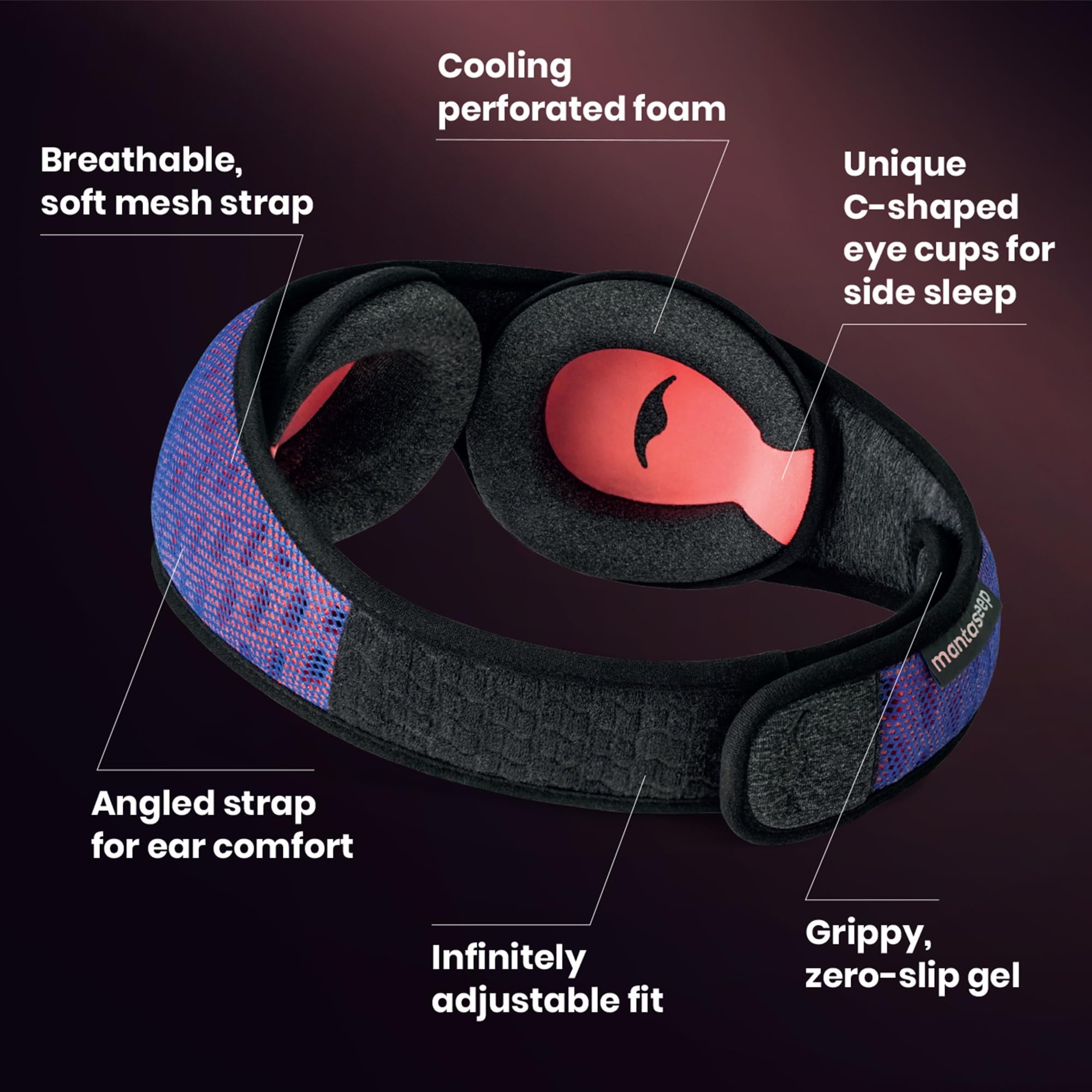 Manta Sleep persona durmiendo de lado con antifaz, cero presión sobre ojos