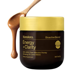 Manukora tarro frontal 225g mostrando etiqueta y color cremoso, energía natural