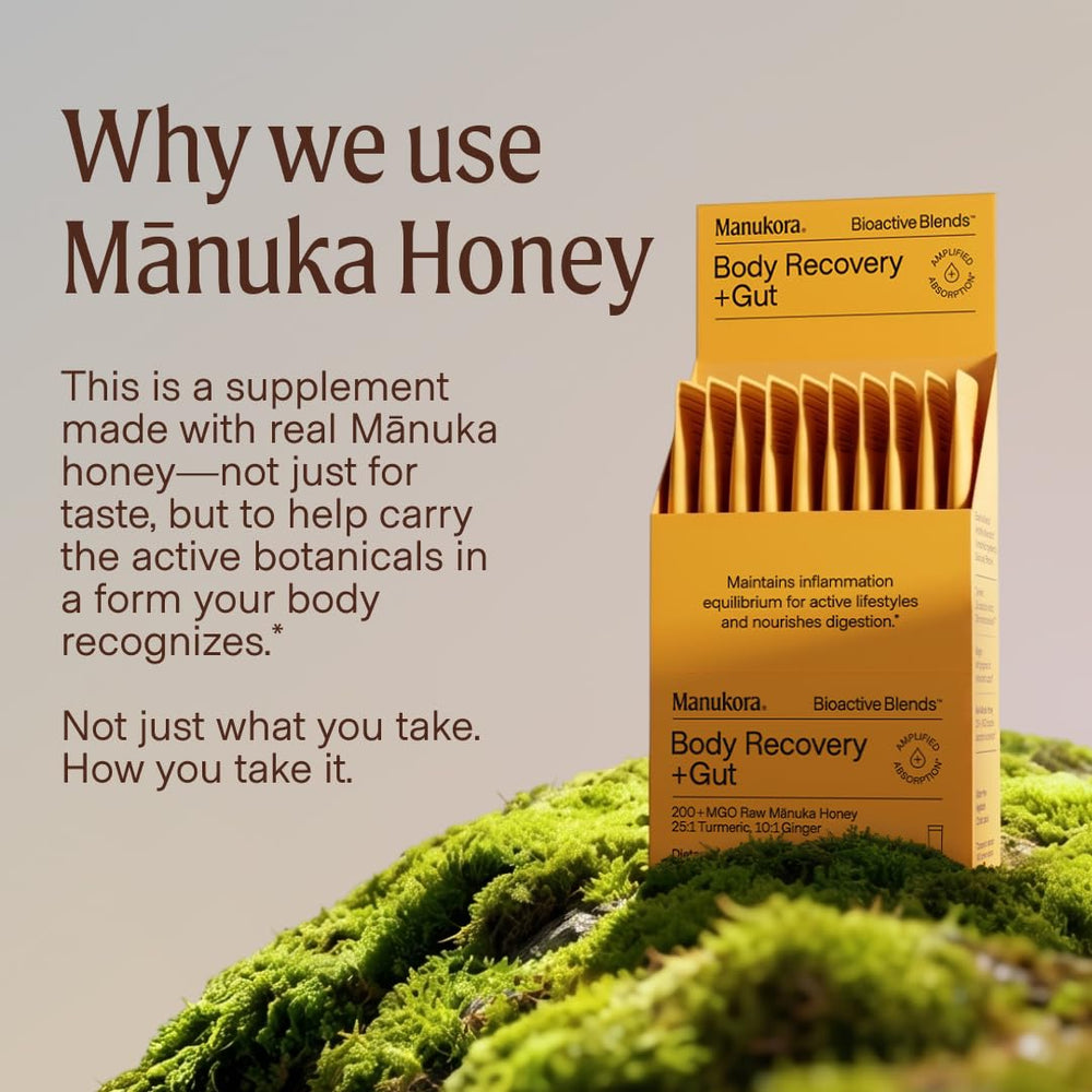 Manukora ingredientes cúrcuma, jengibre y limón indicando sabor balanceado