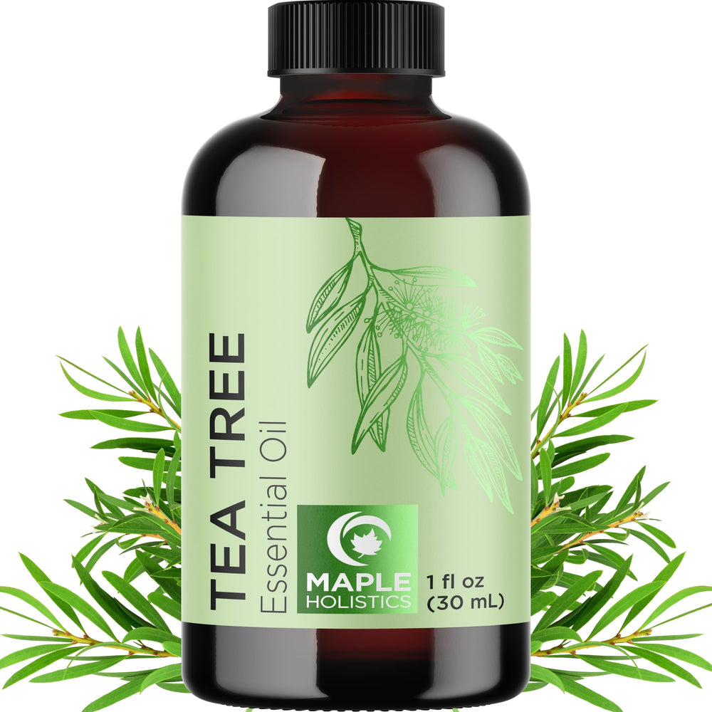 Maple Holistics frasco frontal mostrando aceite de árbol de té, pureza visible