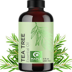Maple Holistics frasco frontal mostrando aceite de árbol de té, pureza visible