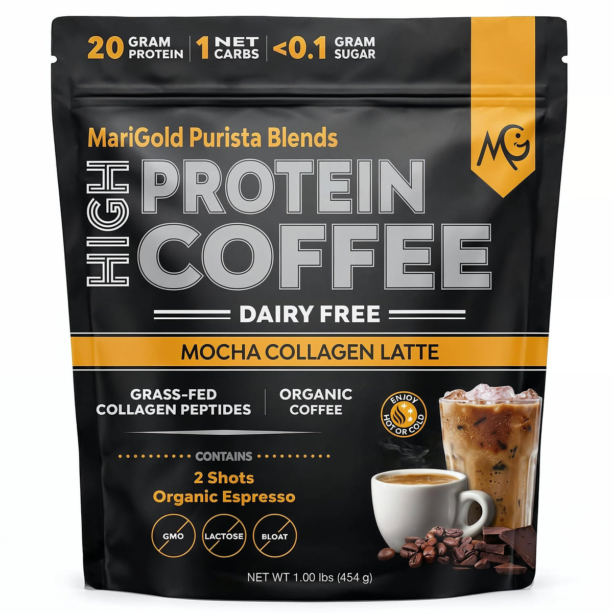 MariGold frente del empaque mostrando sabor mocha y beneficios proteicos