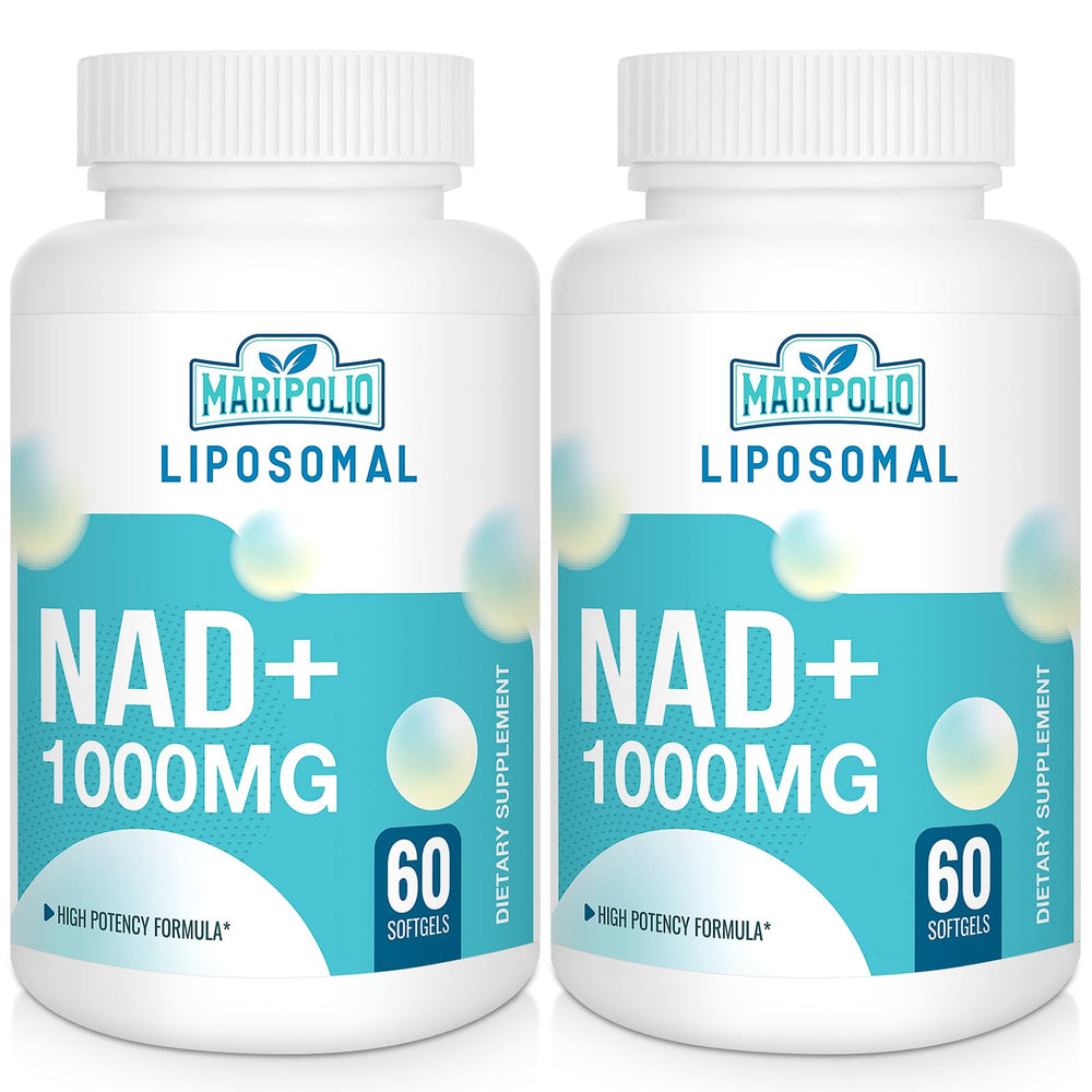 Maripolio envase frontal liposomal NAD+ mostrando etiqueta y beneficios