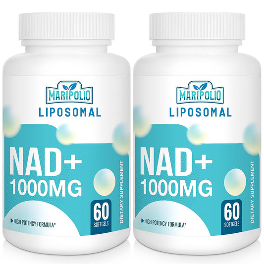Maripolio envase frontal liposomal NAD+ mostrando etiqueta y beneficios