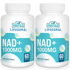Maripolio envase frontal liposomal NAD+ mostrando etiqueta y beneficios