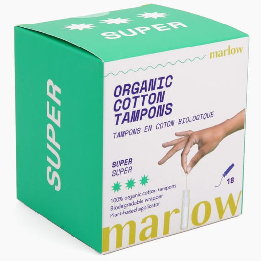 Marlow frente del paquete mostrando 18 tampones y diseño claro