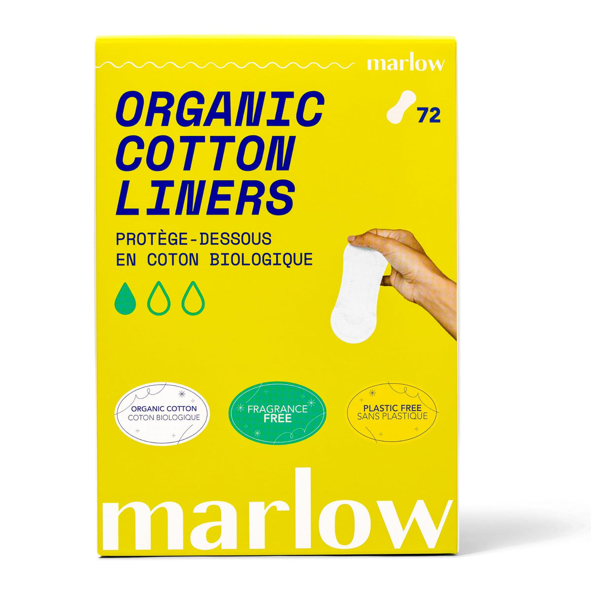 Marlow empaque frontal mostrando 72 unidades y beneficios ecológicos