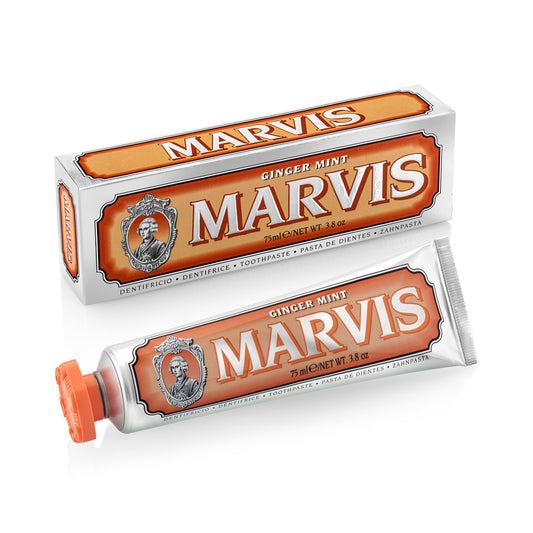 Marvis frente del envase mostrando diseño y elegancia, presenta acabado premium
