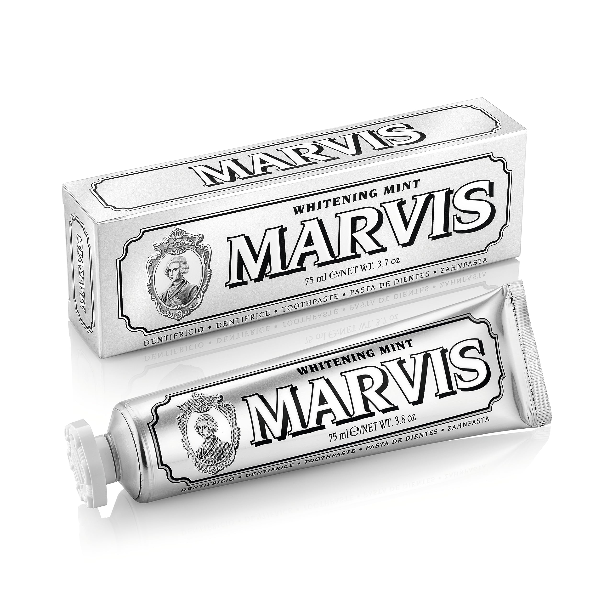 Marvis tubo frontal mostrando diseño elegante y frescor