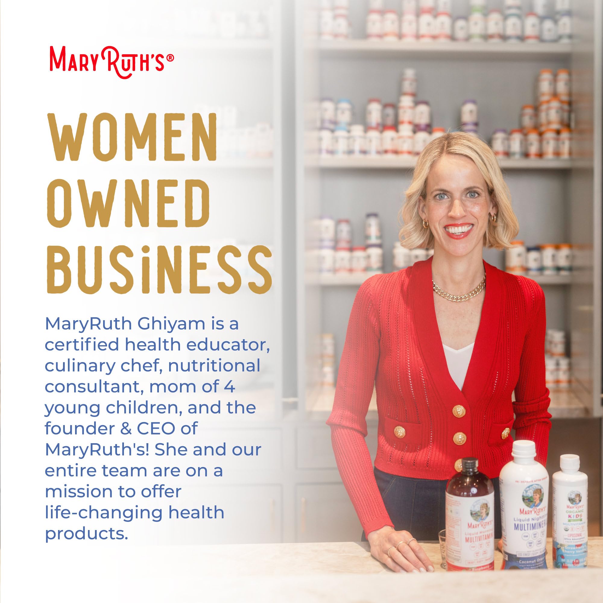 MARYRUTH'S frasco en cocina junto a alimentos para uso cotidiano