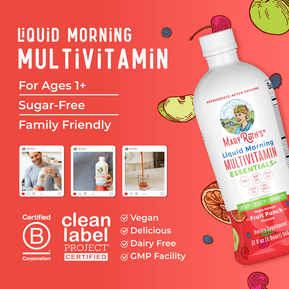 MaryRuth's botella junto a batido de frutas mostrando versatilidad para añadir a smoothies
