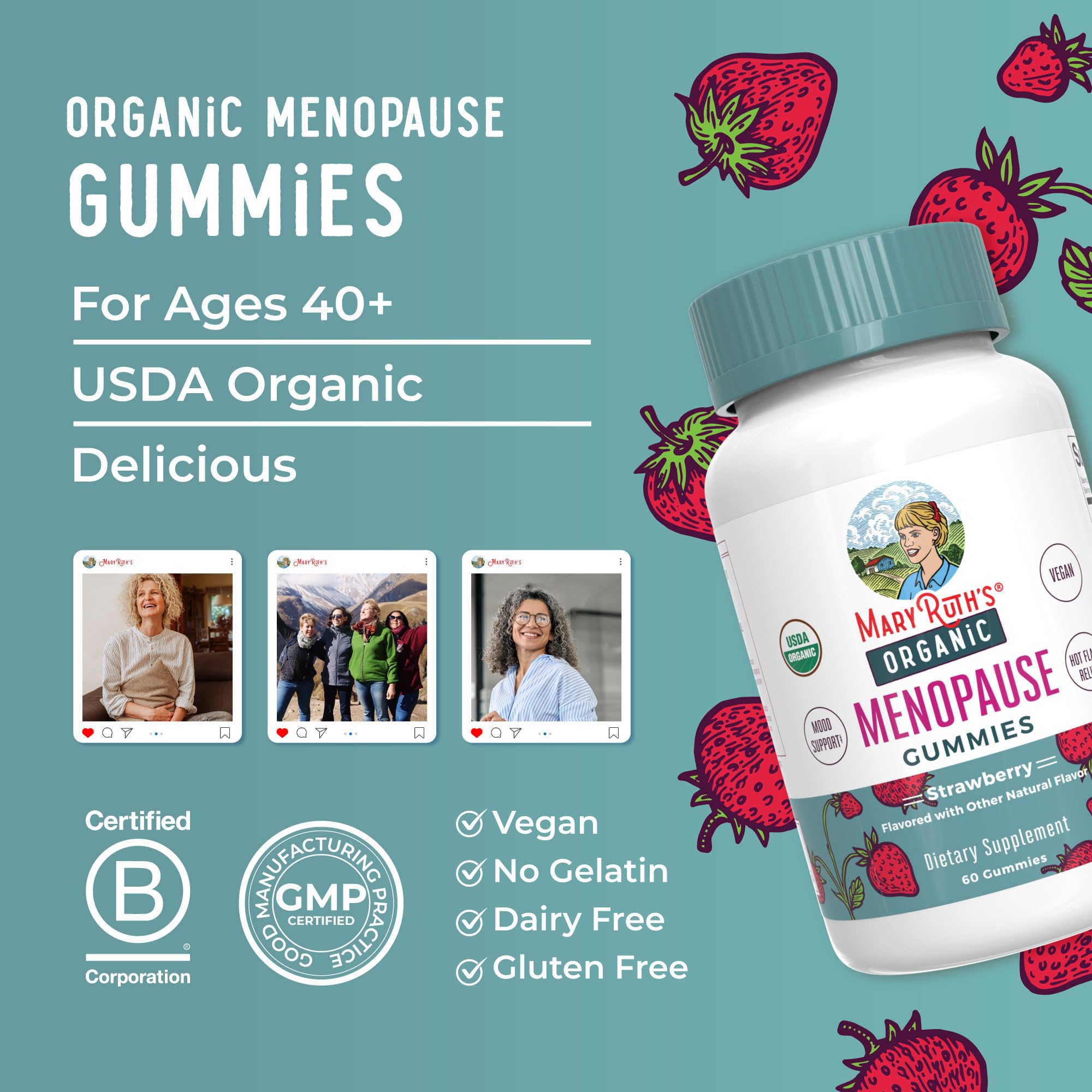 MARYRUTH'S sellos USDA Organic y B Corp impresos, certificaciones visibles