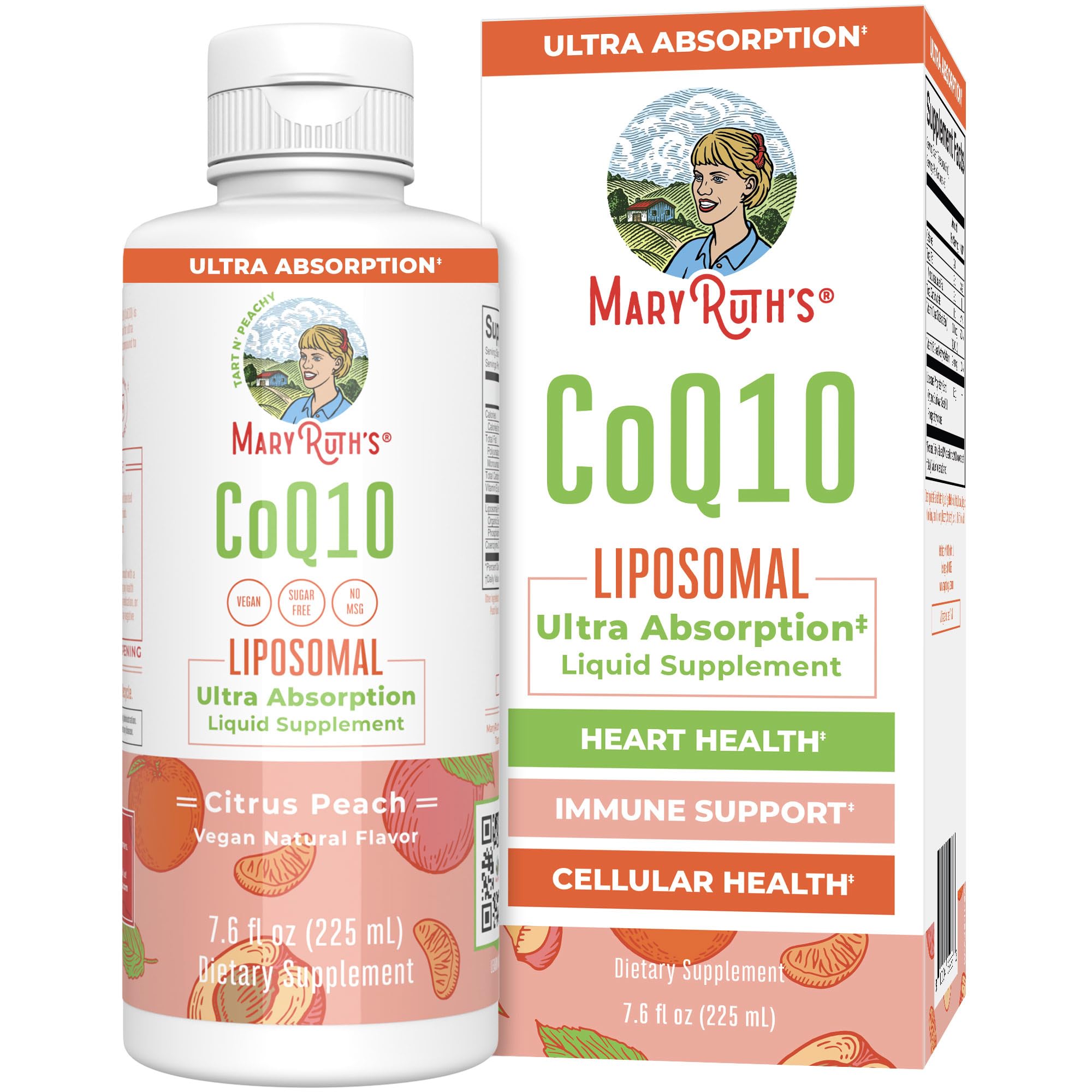 MARYRUTH'S envase frontal del CoQ10 liposomal, presentación clara y confianza