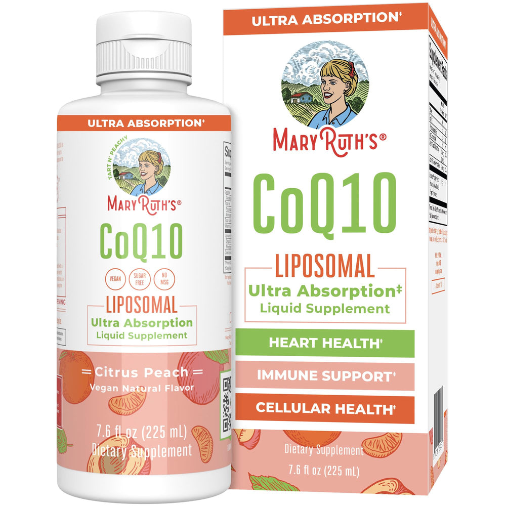 MARYRUTH'S envase frontal del CoQ10 liposomal, presentación clara y confianza