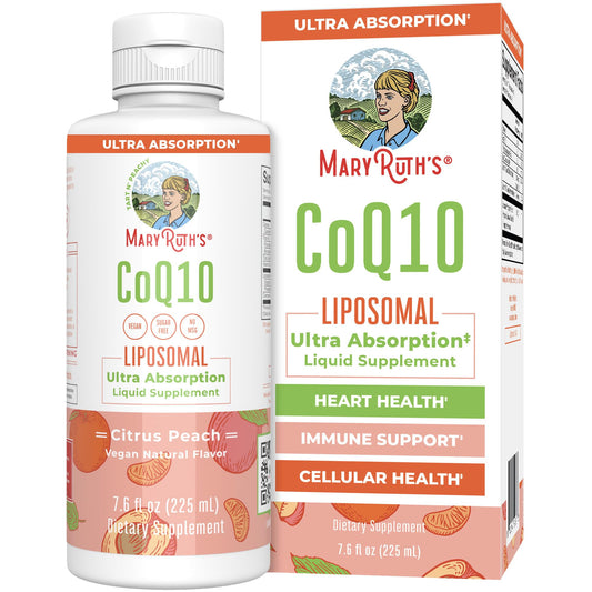 MARYRUTH'S envase frontal del CoQ10 liposomal, presentación clara y confianza