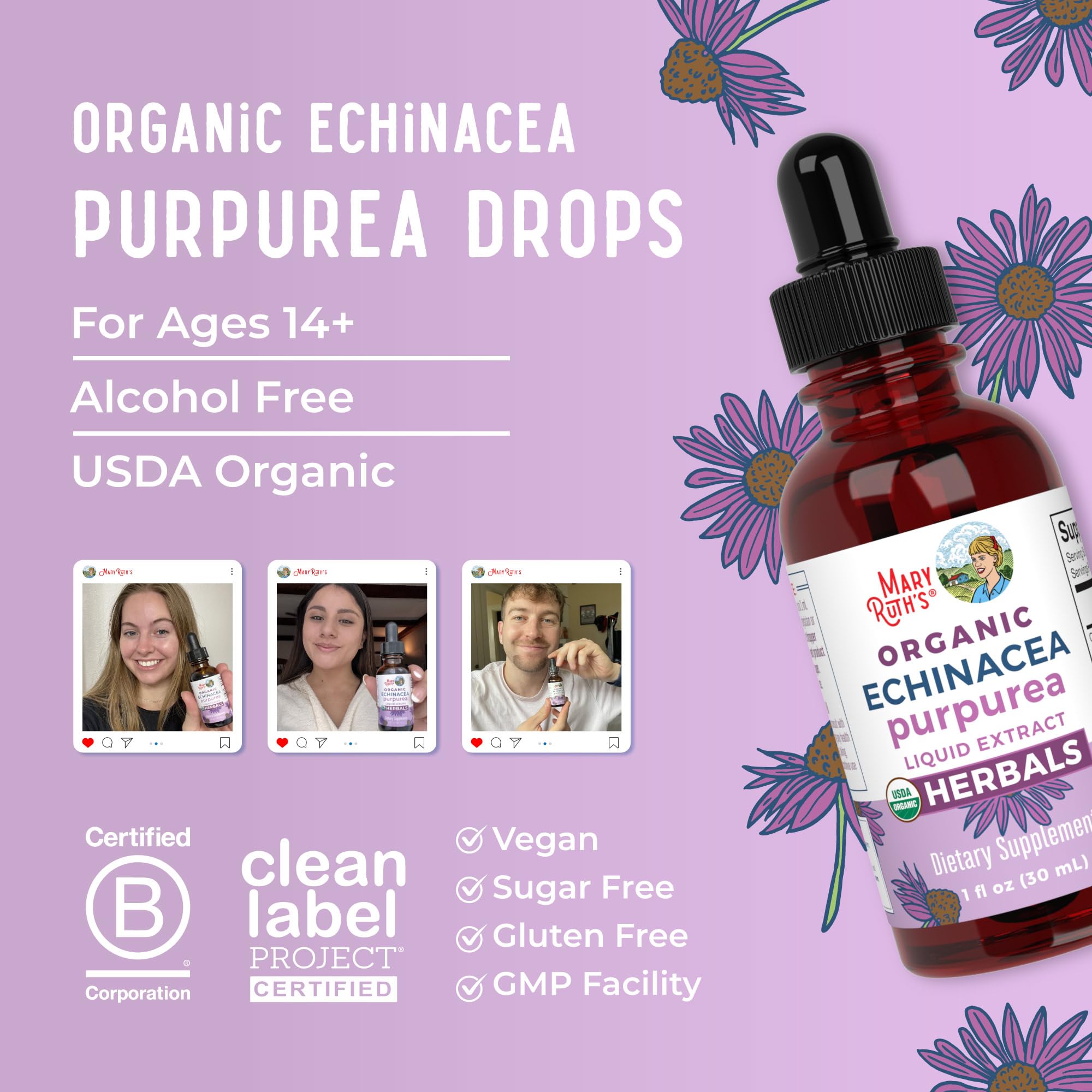 MARYRUTH'S flores y hojas de echinacea purpurea frescas, ingrediente orgánico completo