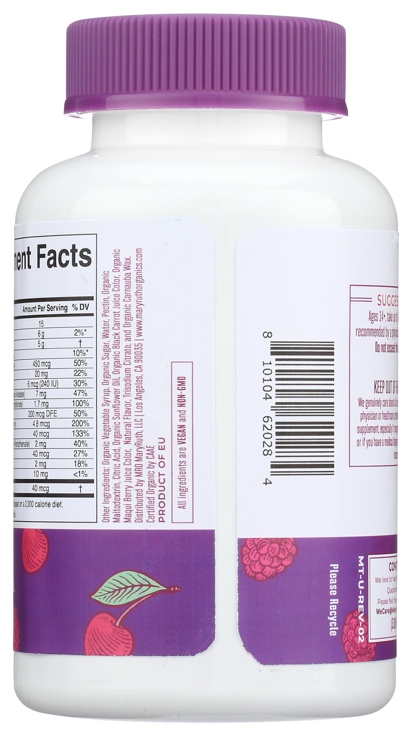 MARYRUTH'S etiqueta con ingredientes veganos y certificado orgánico visible