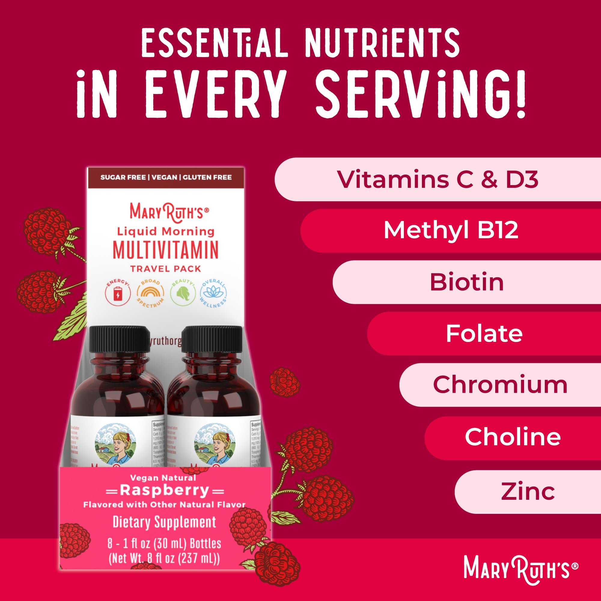 MARYRUTH'S etiqueta con lista de vitaminas y certificaciones claras