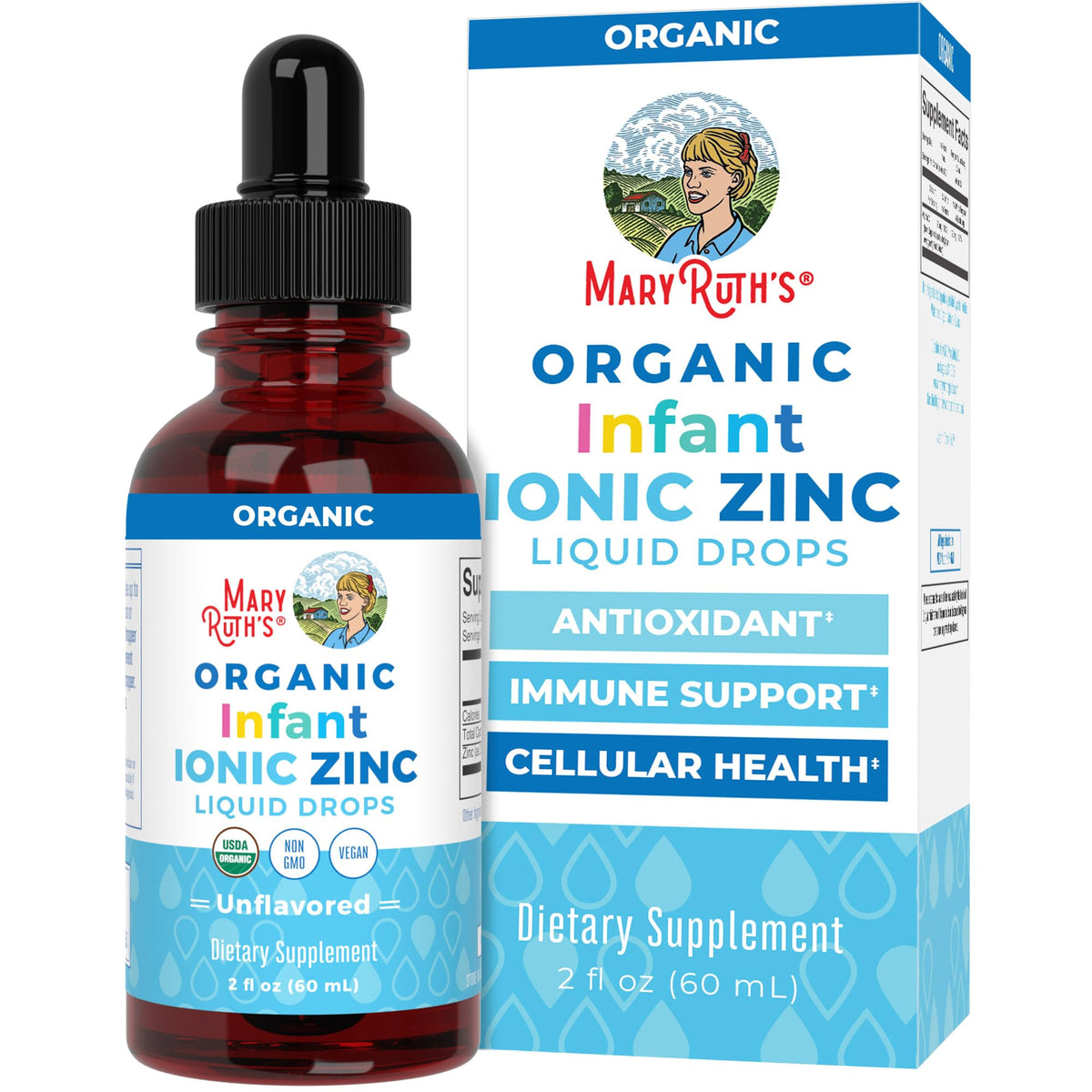 MARYRUTH'S frasco frontal mostrando zinc infantil, facilita dosis diaria