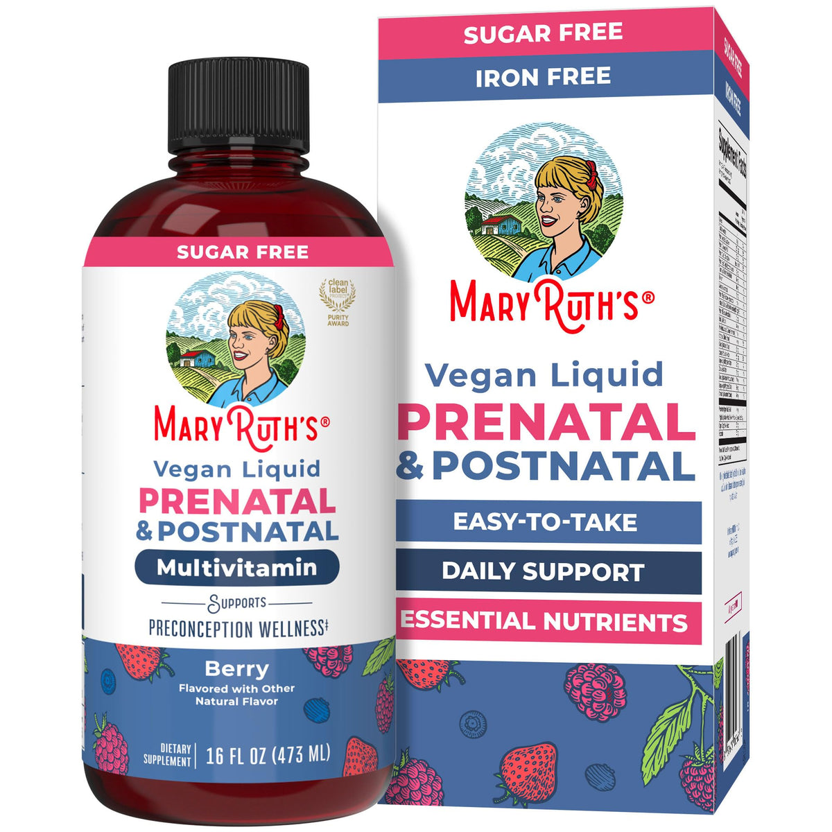 MARYRUTH'S botella frontal mostrando diseño y beneficio de fácil uso