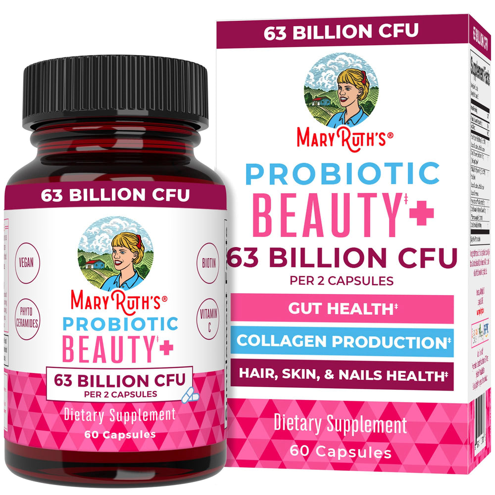 Envase MARYRUTH'S Probiotic Beauty cápsulas, presentación clara y beneficios rápidos