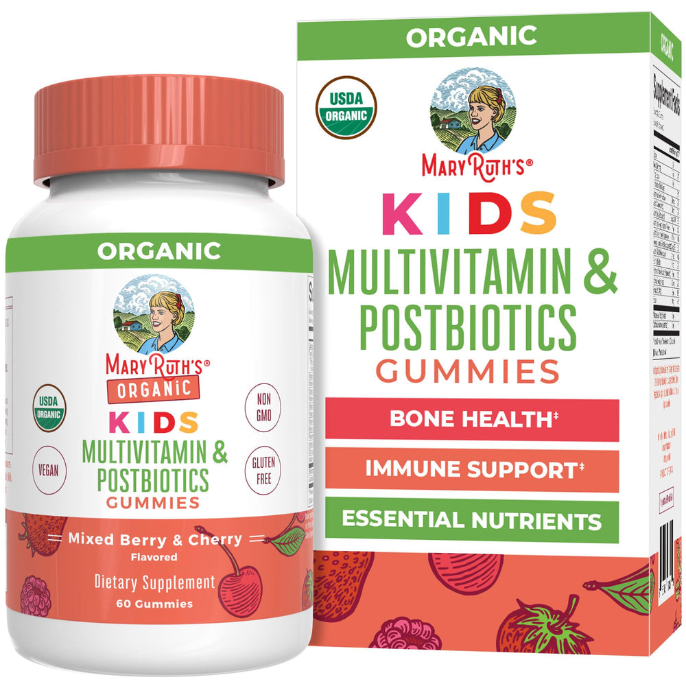 MARYRUTH'S envase frontal mostrando gummies orgánicas y beneficios claros
