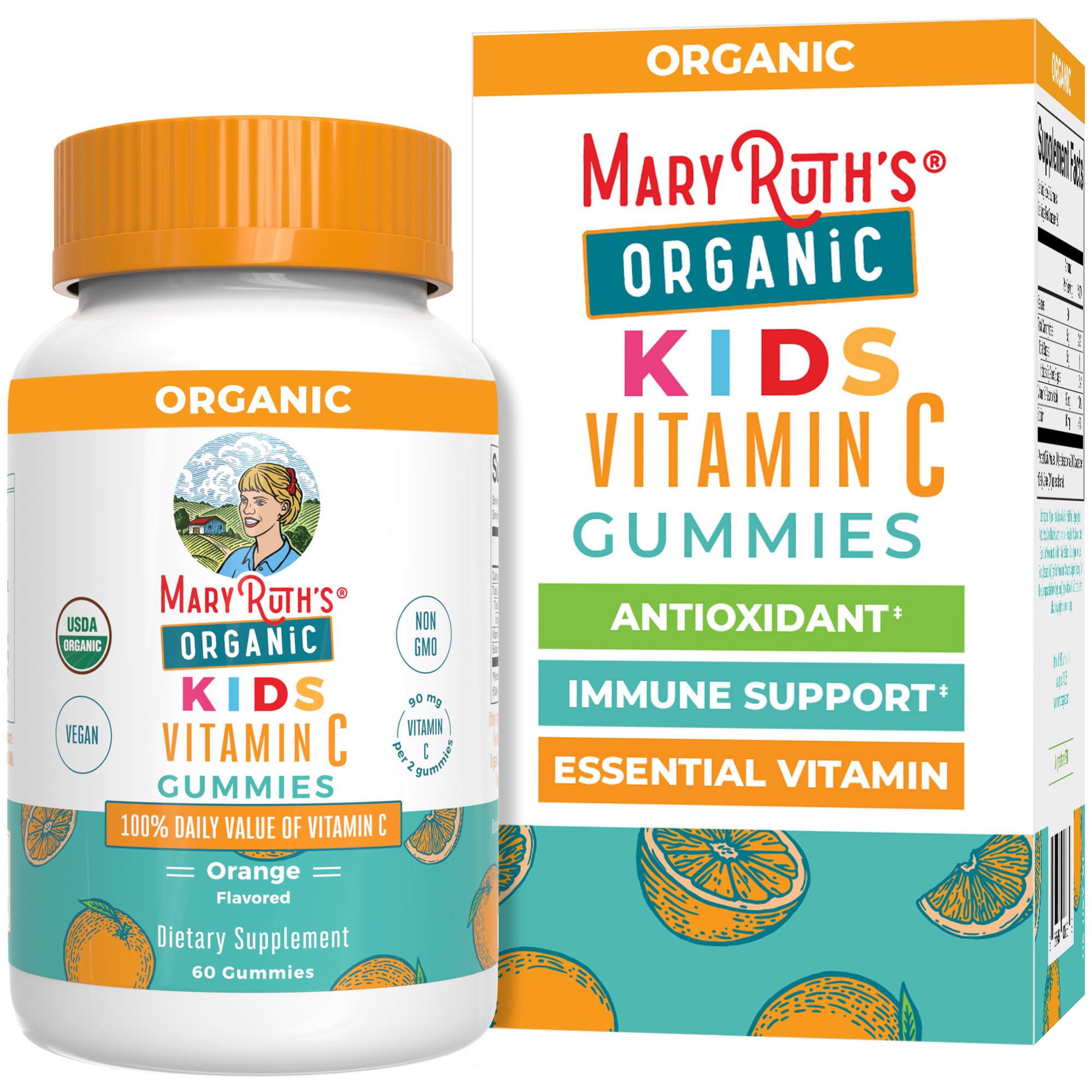 Envase frontal MARYRUTH'S gomitas vitamina C con aspecto orgánico y claro beneficio