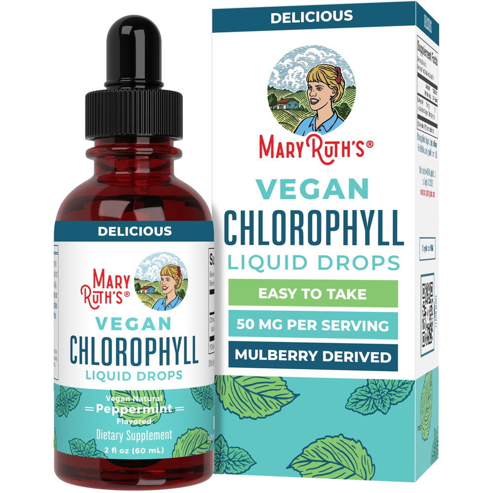 MaryRuth's envase frontal mostrando gotas de clorofila y sabor menta
