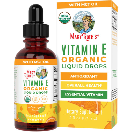 MARYRUTH'S frasco frontal mostrando vitamina E líquida y fácil dosificación