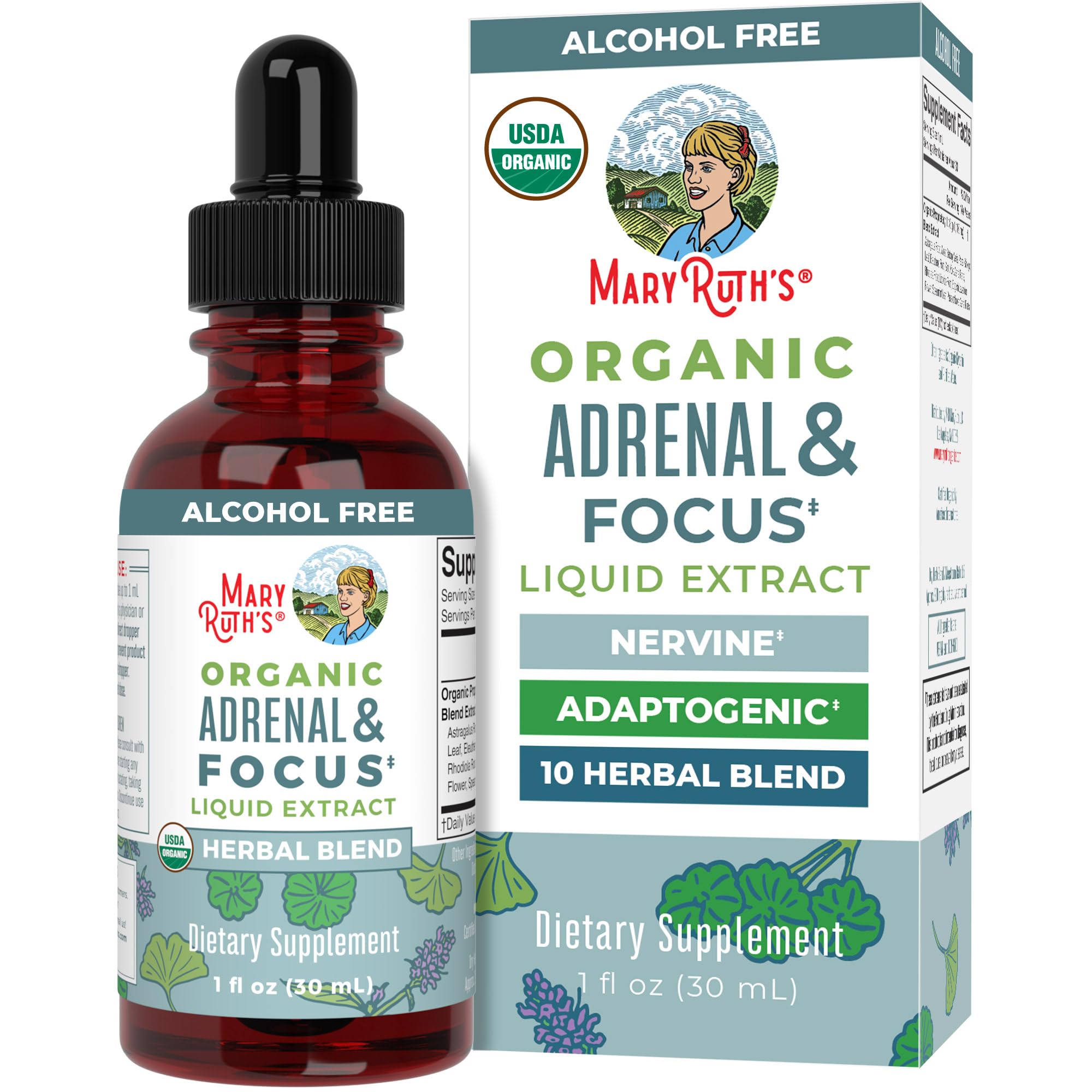 MARYRUTH'S frasco frontal mostrando envase y beneficios de concentración