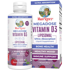 MARYRUTH'S envase frontal mostrando Megadose D3 y beneficio de alta dosificación