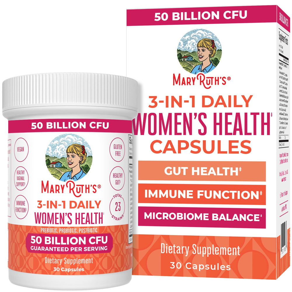 MARYRUTH'S envase frontal mostrando suplemento 3‑in‑1, claridad en beneficios