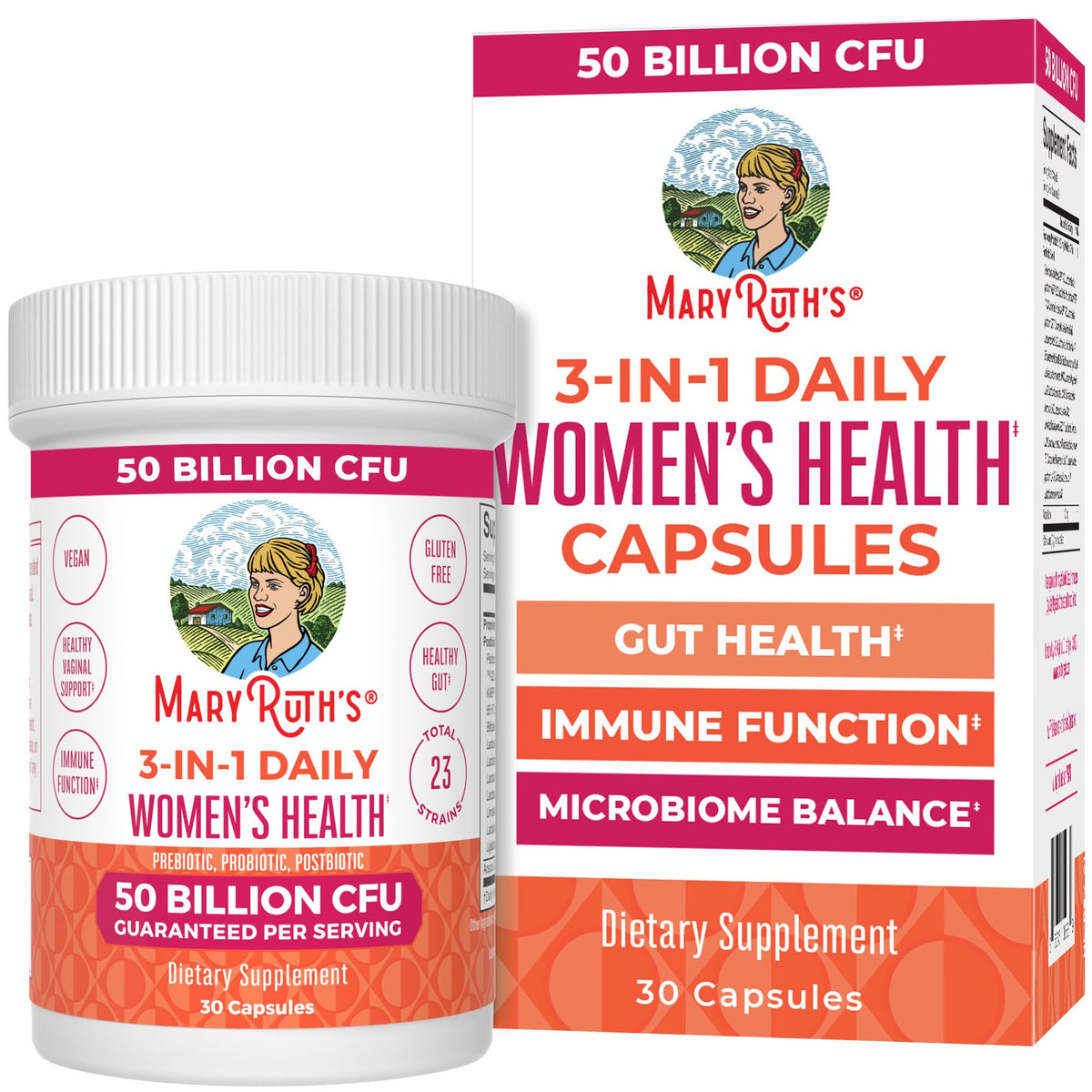 MARYRUTH'S envase frontal mostrando suplemento 3‑in‑1, claridad en beneficios
