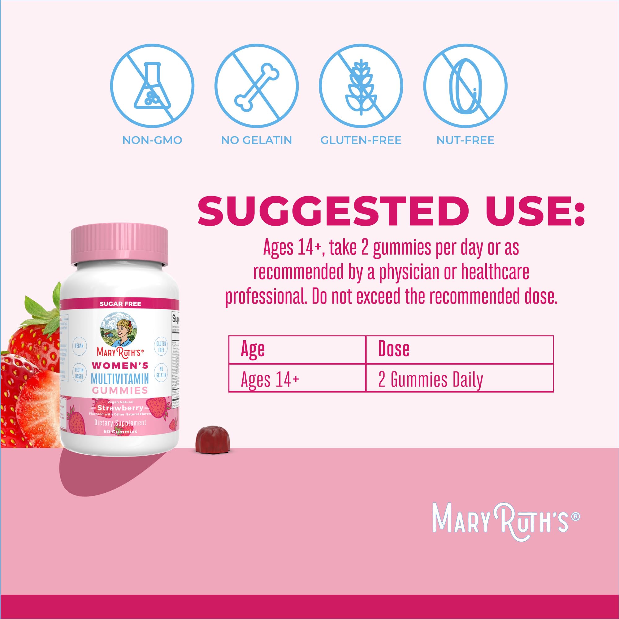 MARYRUTH'S dos gomitas en mano para mostrar dosis y facilidad de toma