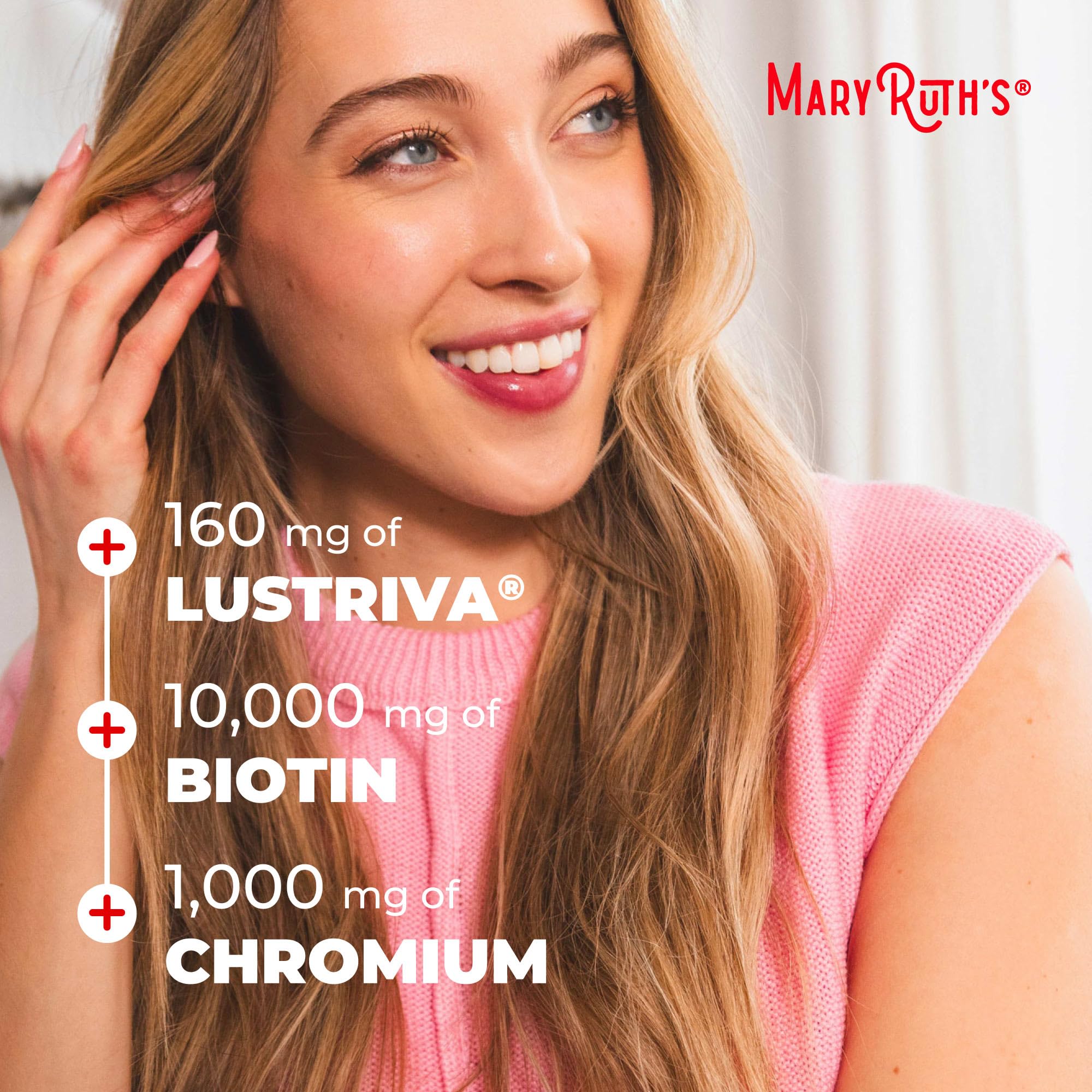 MARYRUTH'S ingredientes activos Lustriva y biotina resaltando apoyo capilar
