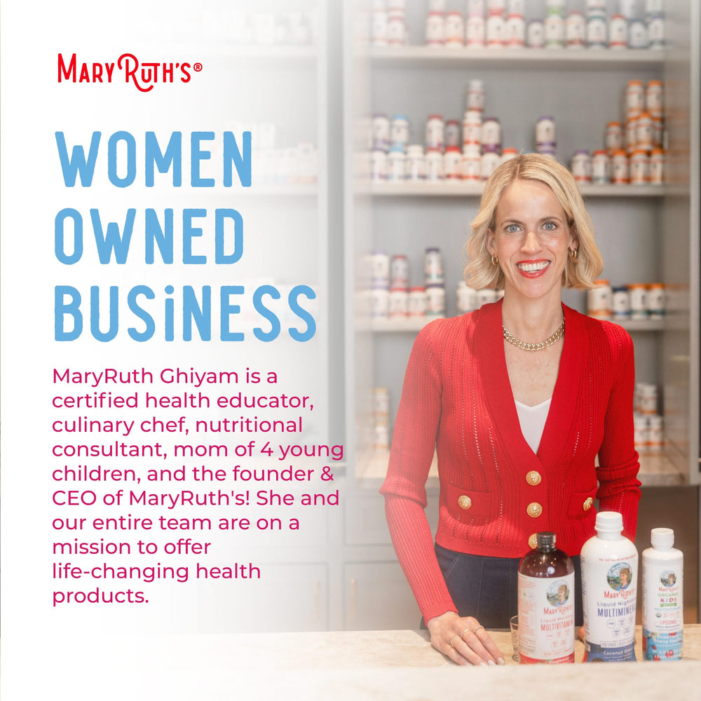 MARYRUTH'S packaging lateral destacando certificaciones y sello vegan