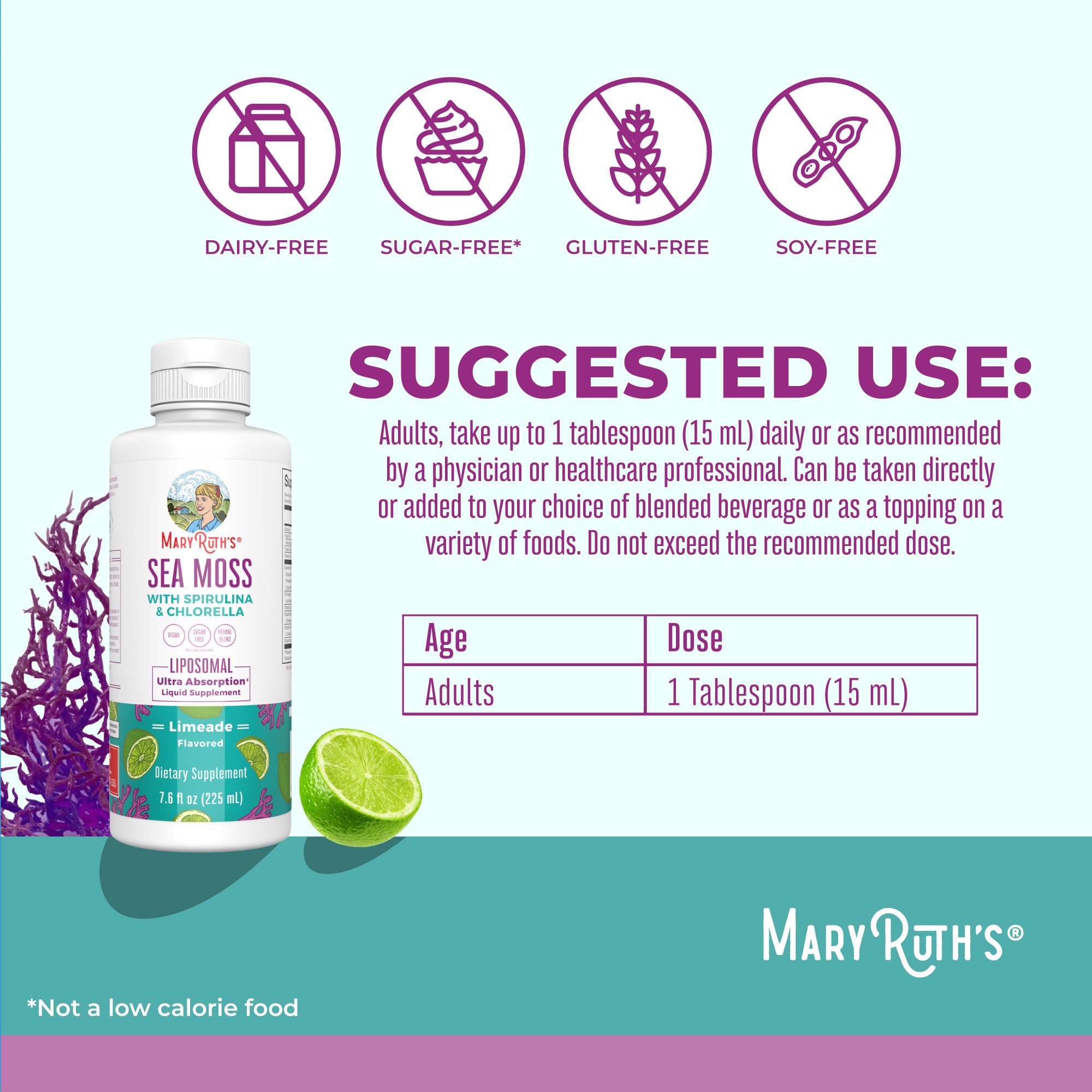 MARYRUTH'S etiqueta con lista de ingredientes y certificaciones visibles