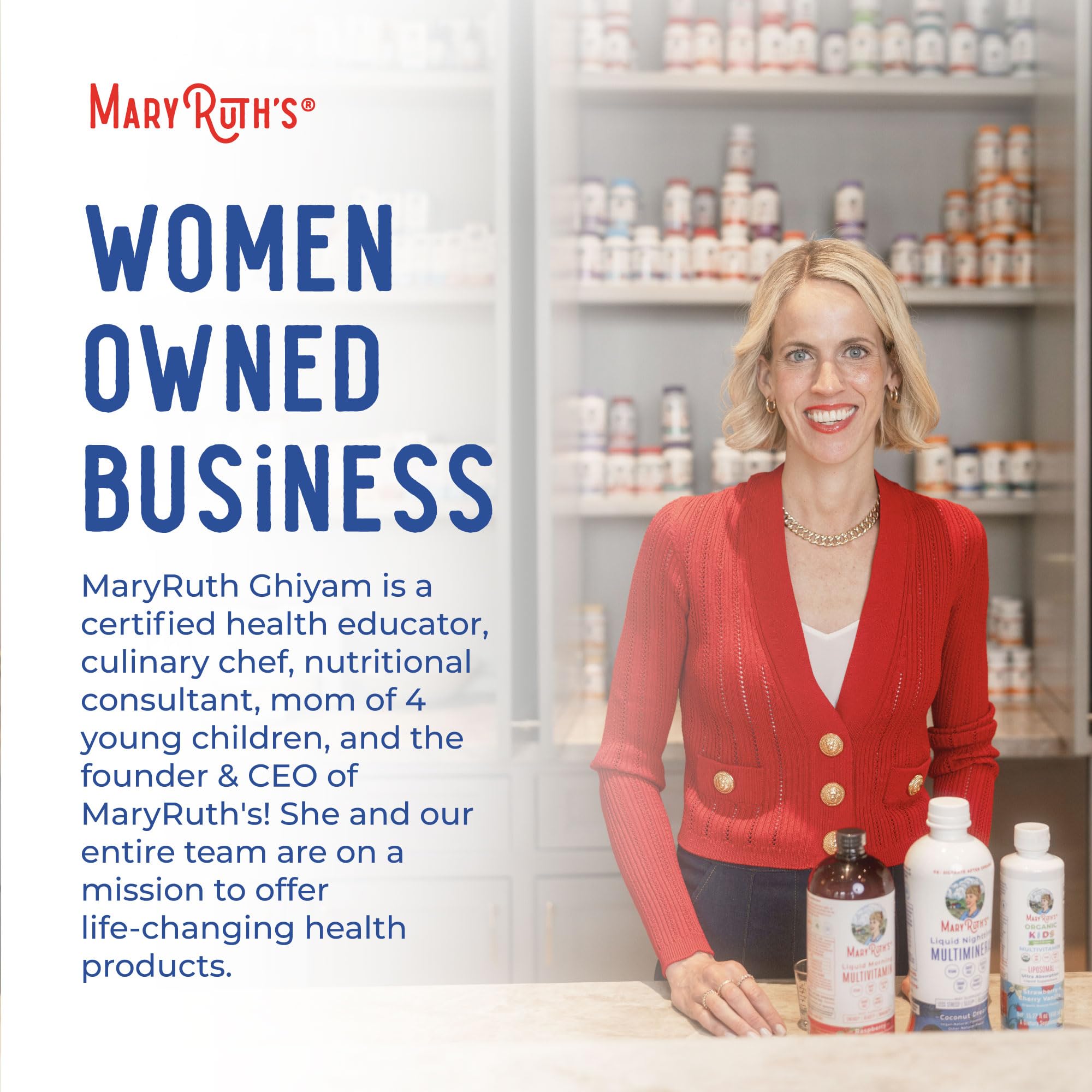 MARYRUTH'S sellos de certificados GMP, Clean Label y B Corp visibles