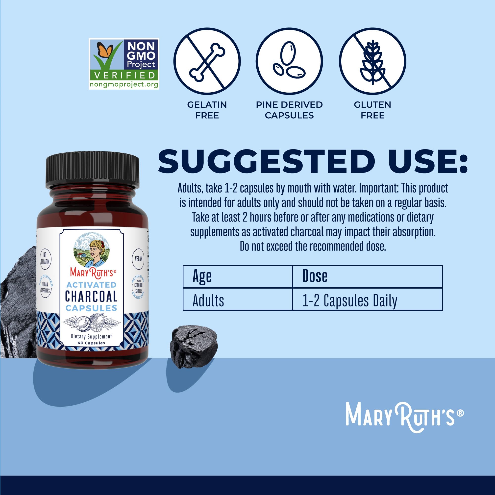 MARYRUTH'S polvo de carbón activado en primer plano, muestra porosidad