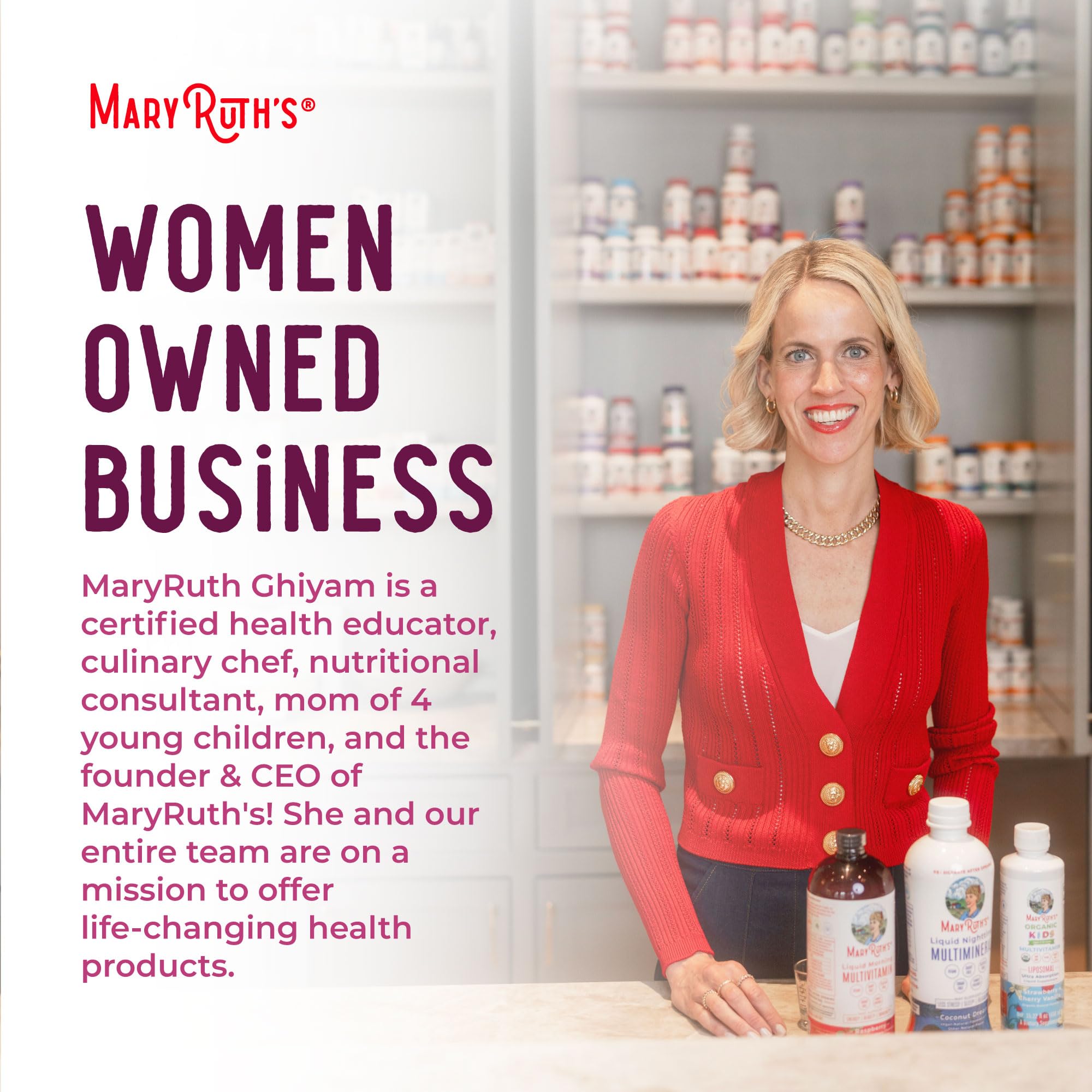 MARYRUTH'S etiqueta destacando sin azúcar y apto veganos