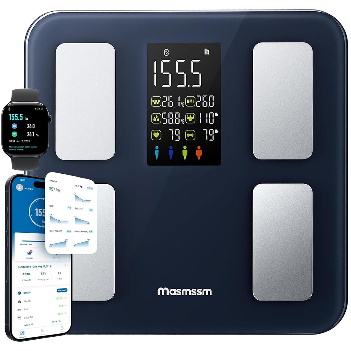 masmssm vista frontal de la báscula con pantalla grande, precisión inmediata
