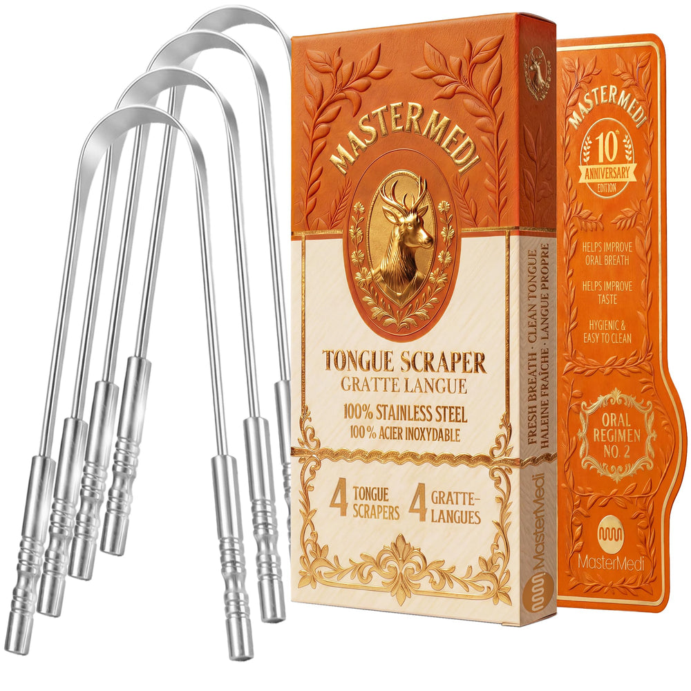 MasterMedi limpiador de lengua frontal pack muestra cuatro rascadores duraderos