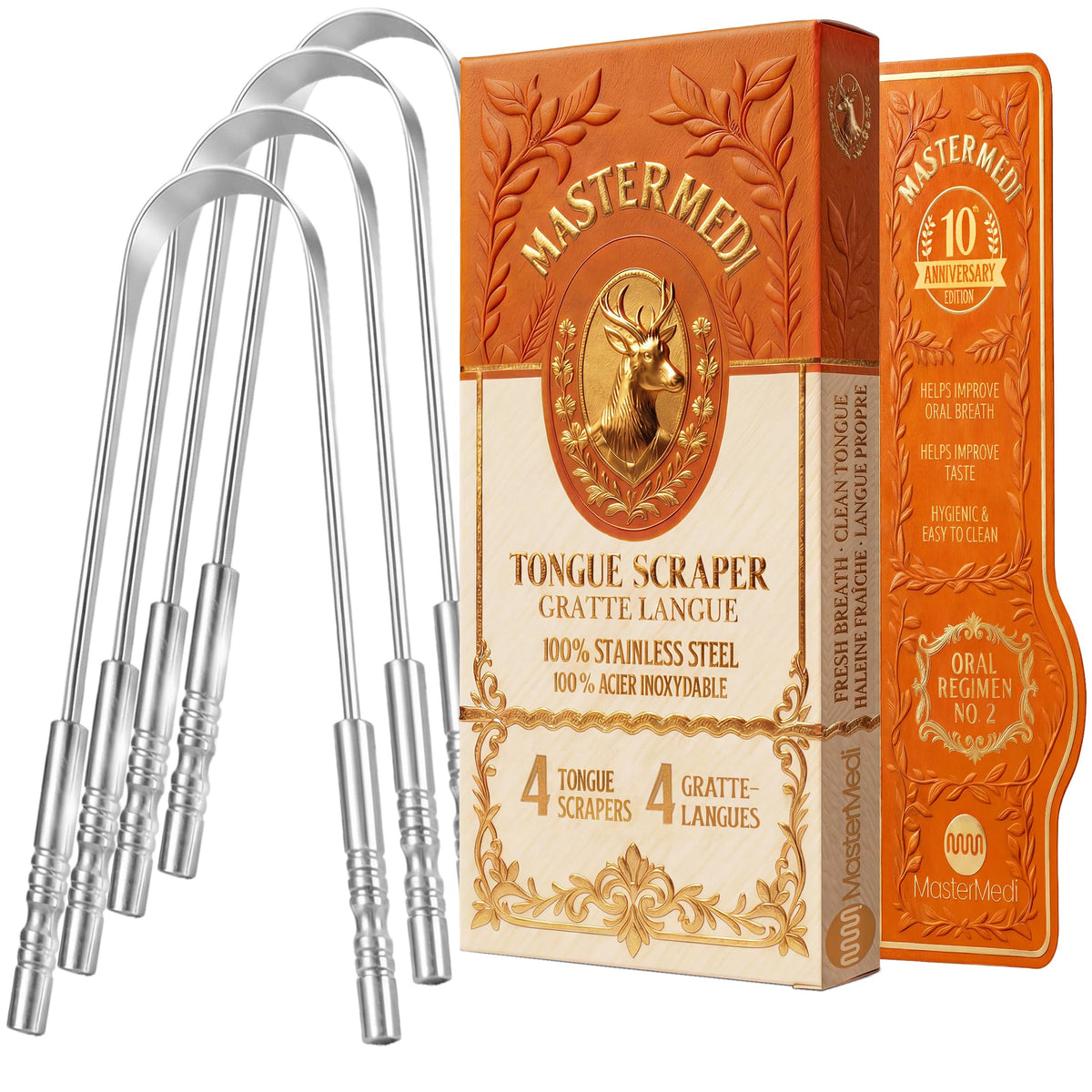 MasterMedi limpiador de lengua frontal pack muestra cuatro rascadores duraderos