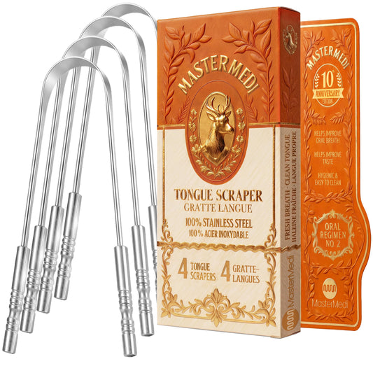MasterMedi limpiador de lengua frontal pack muestra cuatro rascadores duraderos