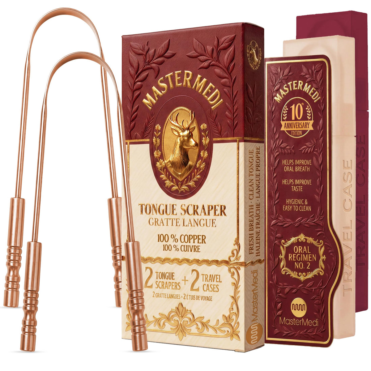 MasterMedi raspador de lengua packaging frontal mostrando set y estuches para fácil transporte