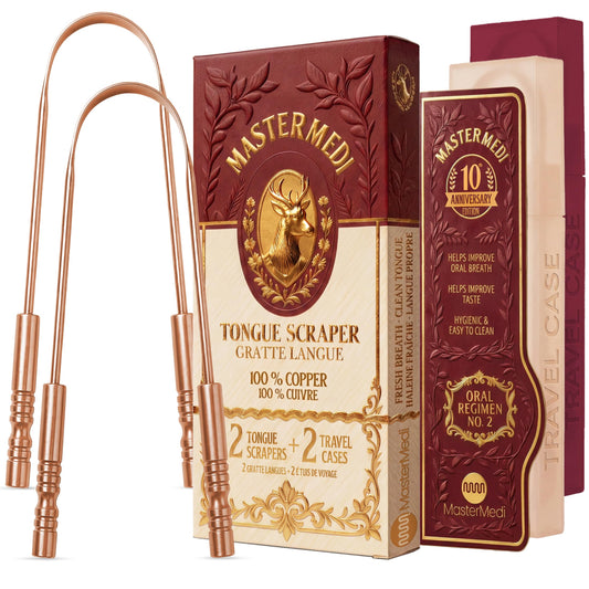 MasterMedi raspador de lengua packaging frontal mostrando set y estuches para fácil transporte